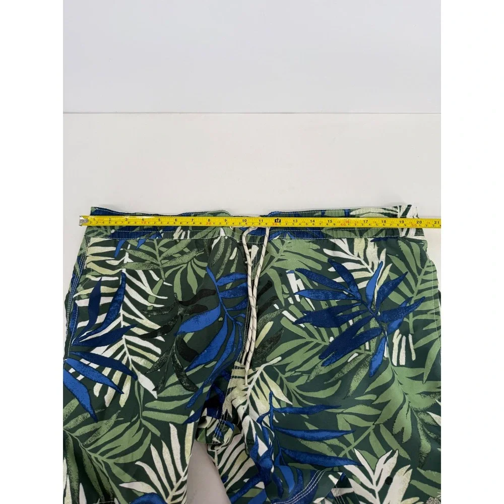 Caribbean Joe Mens Green Blue Palm Leaf Tropical Swim Trunks Mesh Lined Sz M